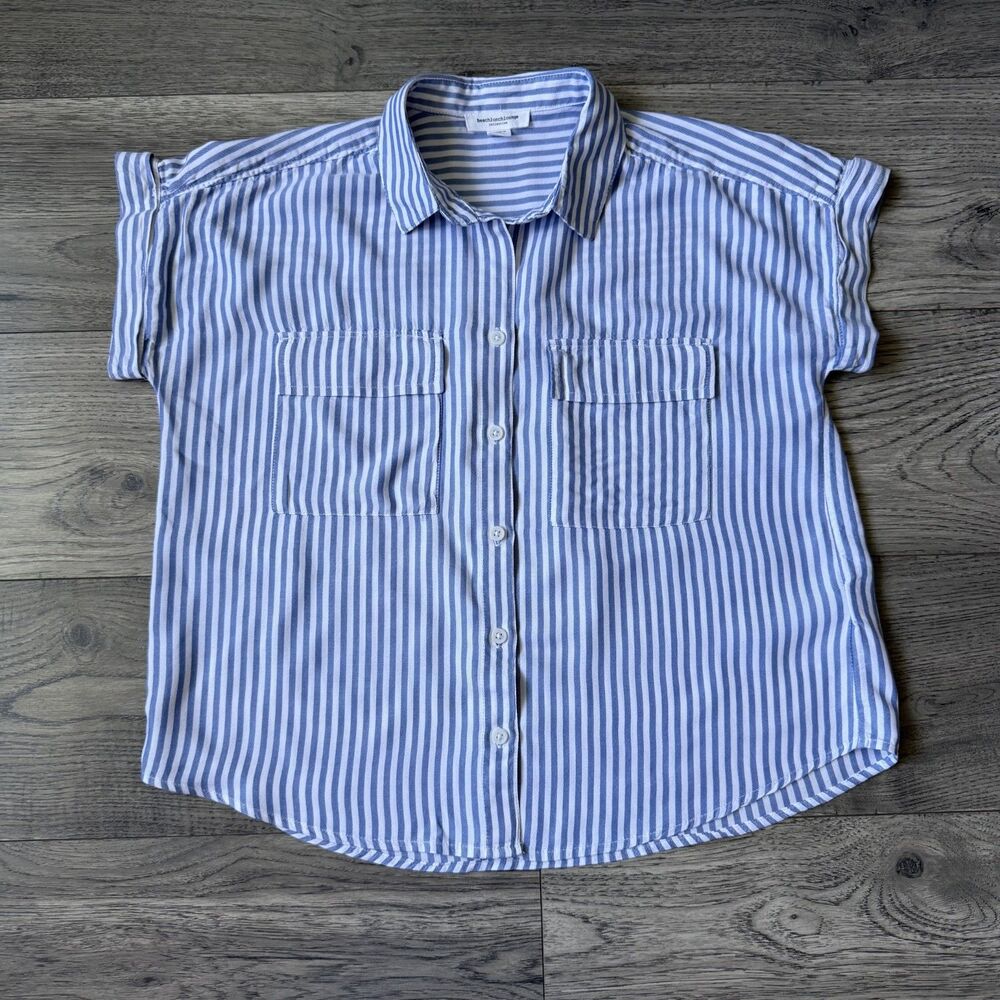 Beachlunchlounge Womens Blue & White Striped Short Sleeve Button Down Size Small